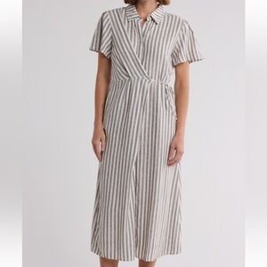 Striped Linen Blend Faux Wrap Midi Dress
